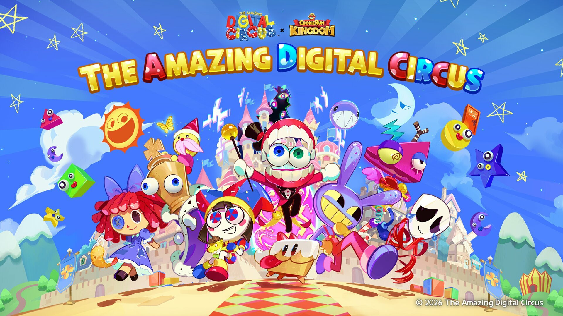 Arte oficial del crossover entre The Amazing Digital Circus y Cookie Run Kingdom con el elenco del circo como Cookies