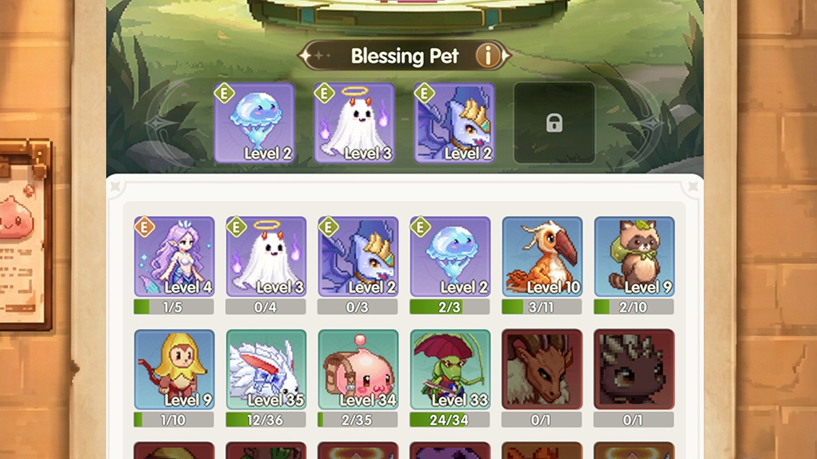 Tela de coleção de mascotes de Ragnarok: GO com Poring, Lunatic, Fabre e outros monstros clássicos da franquia em versões de estimação