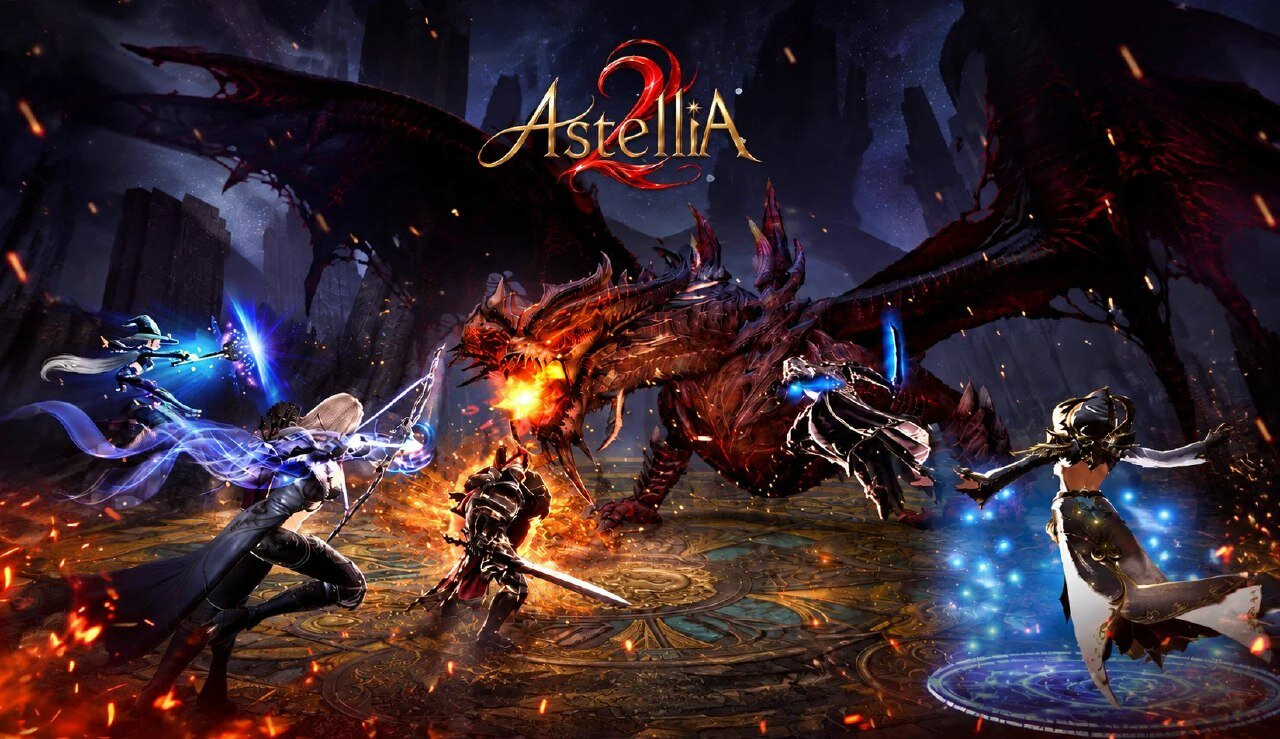 Arte oficial de Astellia 2 con un grupo de aventureros frente a un dragón gigante