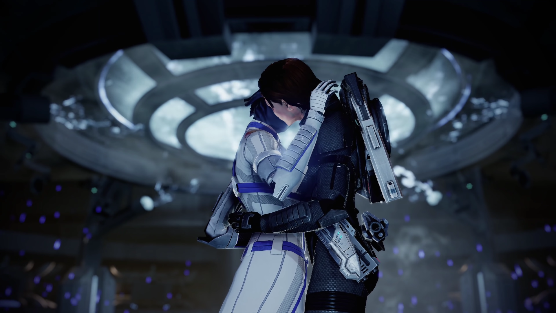 Mass Effect scene showing two characters embracing