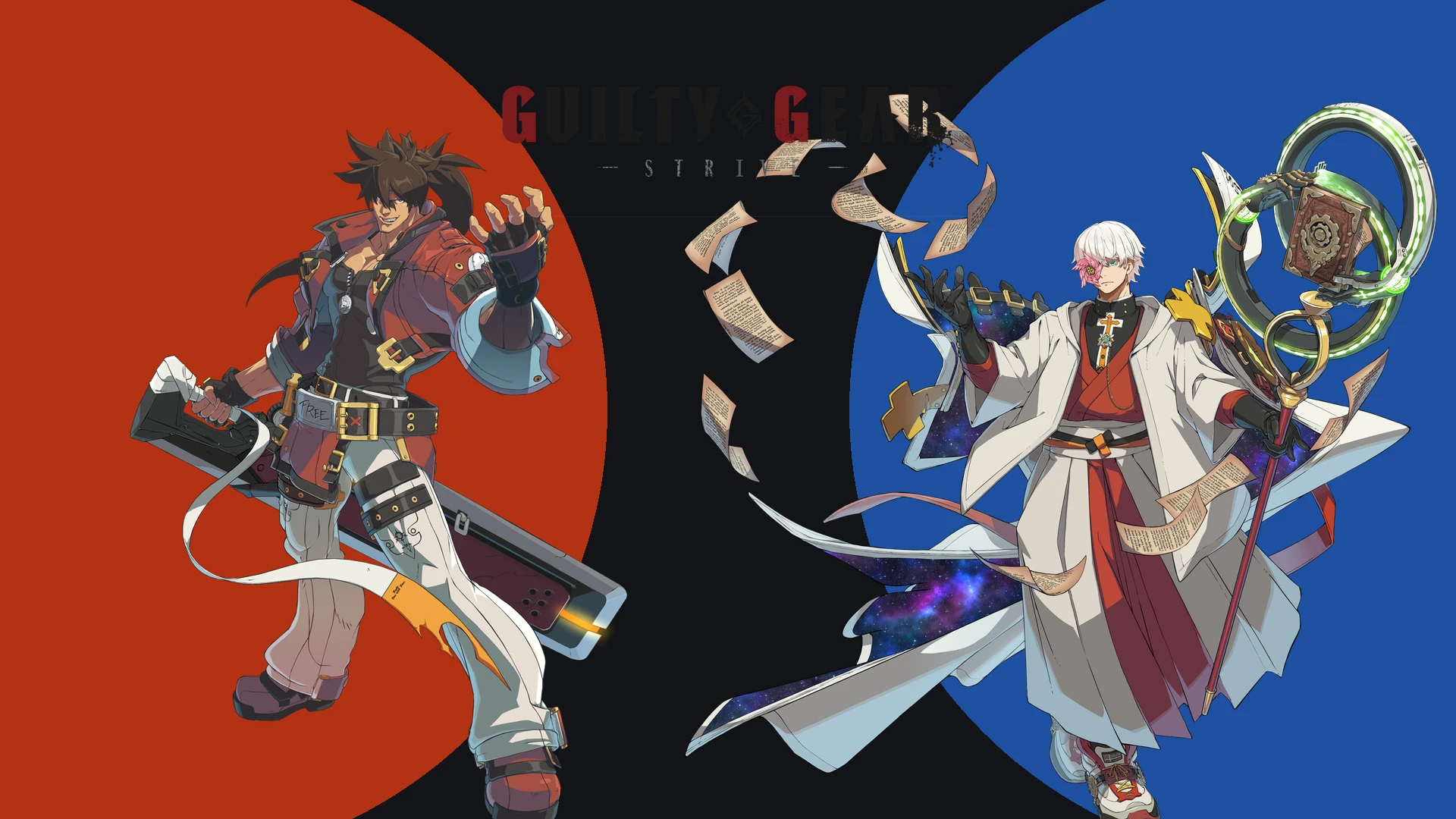 Arte oficial comemorativa de Guilty Gear -Strive- destacando o confronto entre Sol Badguy e Asuka R. Kreutz.