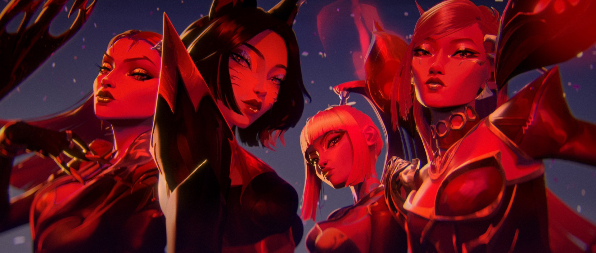 Arte oficial de divulgação do EP FIRESTARTER do K/DA, da Riot Games