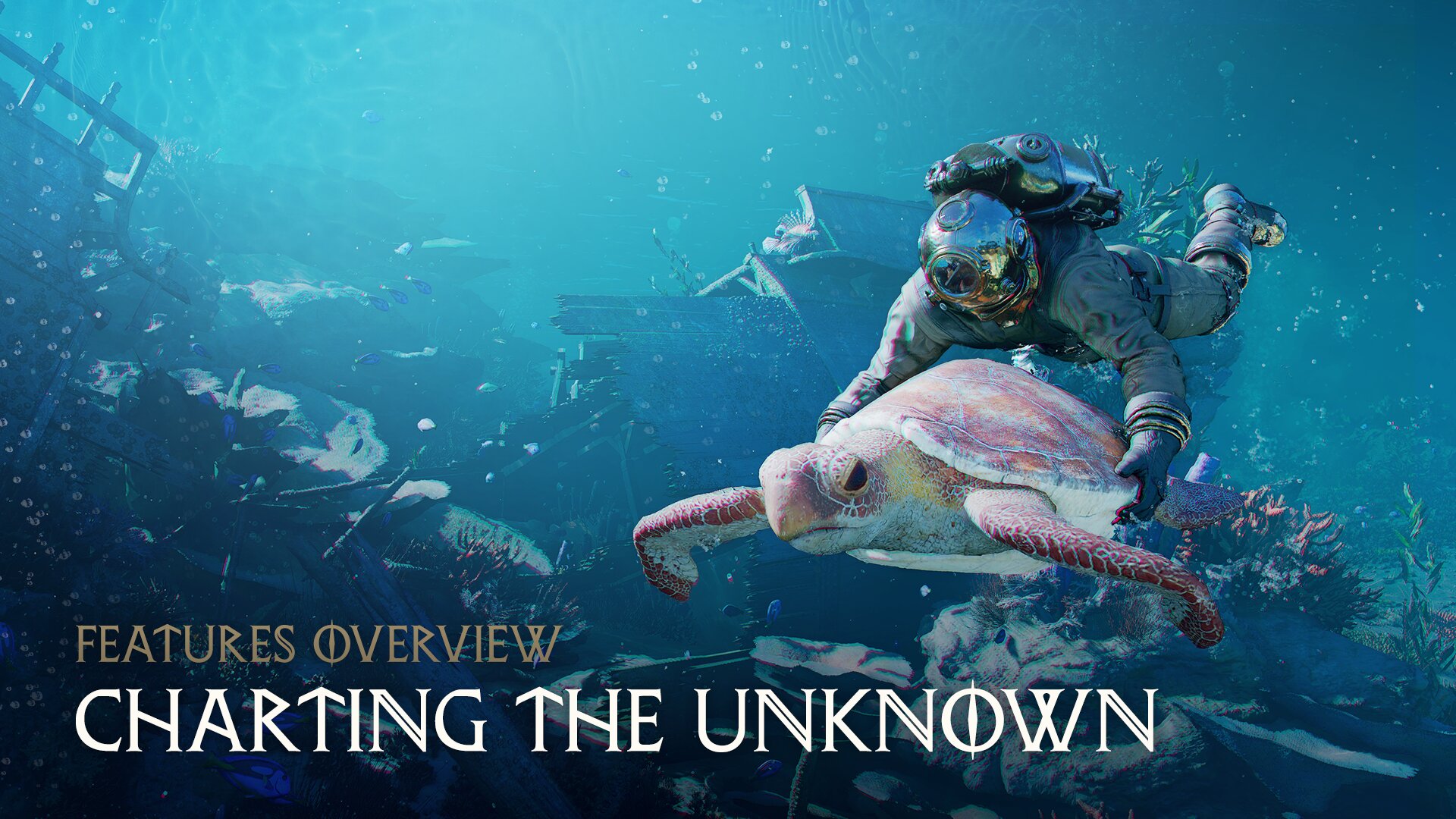 Mergulhador explora ruínas submersas ao lado de uma tartaruga marinha na arte de Charting the Unknown, DLC de Crimson Desert Enhanced