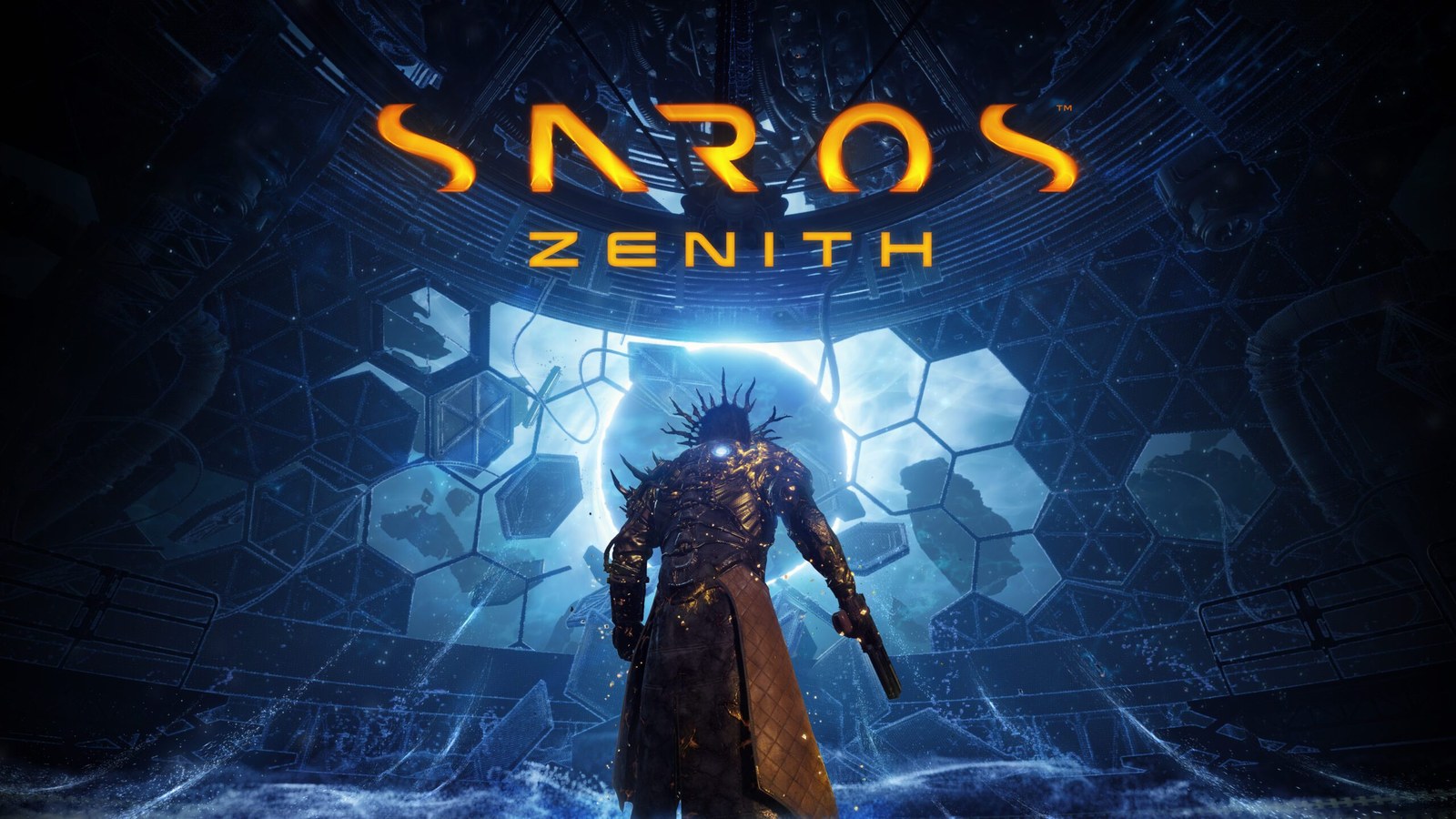 SAROS: Zenith key art with Arjun's golden crown and the eclipse shining in the title screen