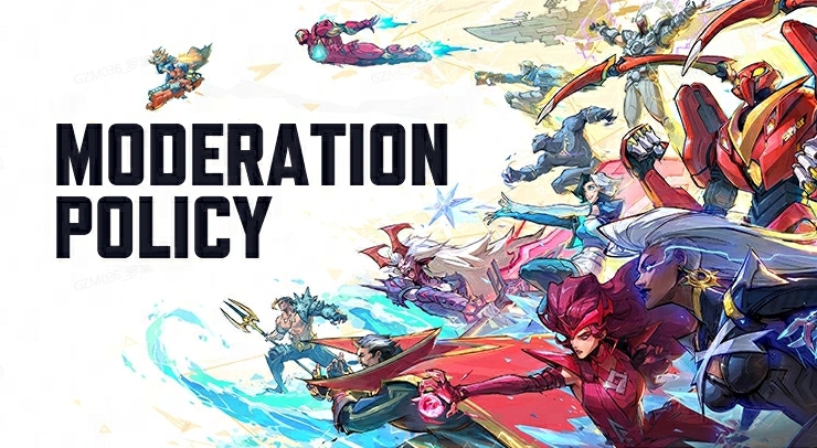 Arte oficial da página Moderation Policy de Marvel Rivals, com heróis do jogo ao fundo e o título em letras grandes