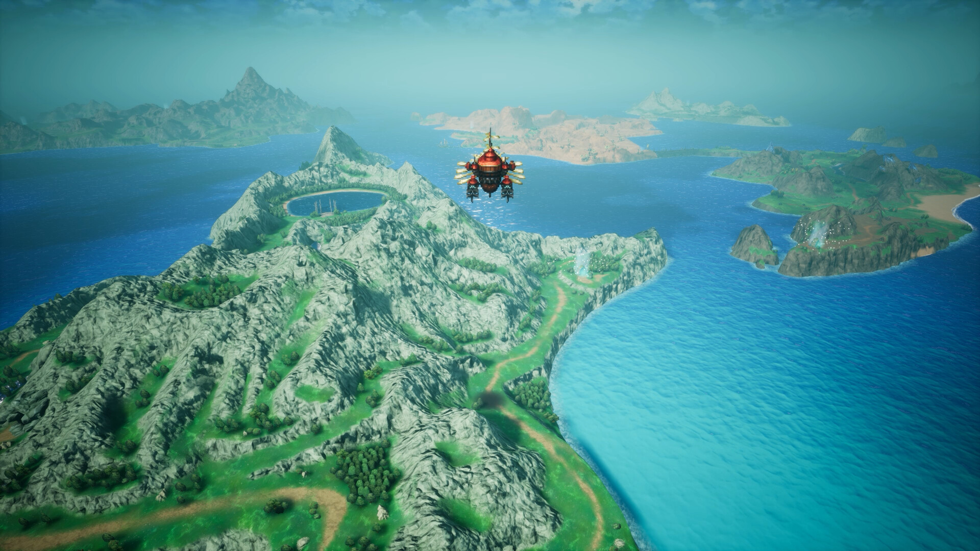 The protagonist's airship flies over the world map of Final Fantasy Resonance, with islands, mountains and ocean in HD-2D