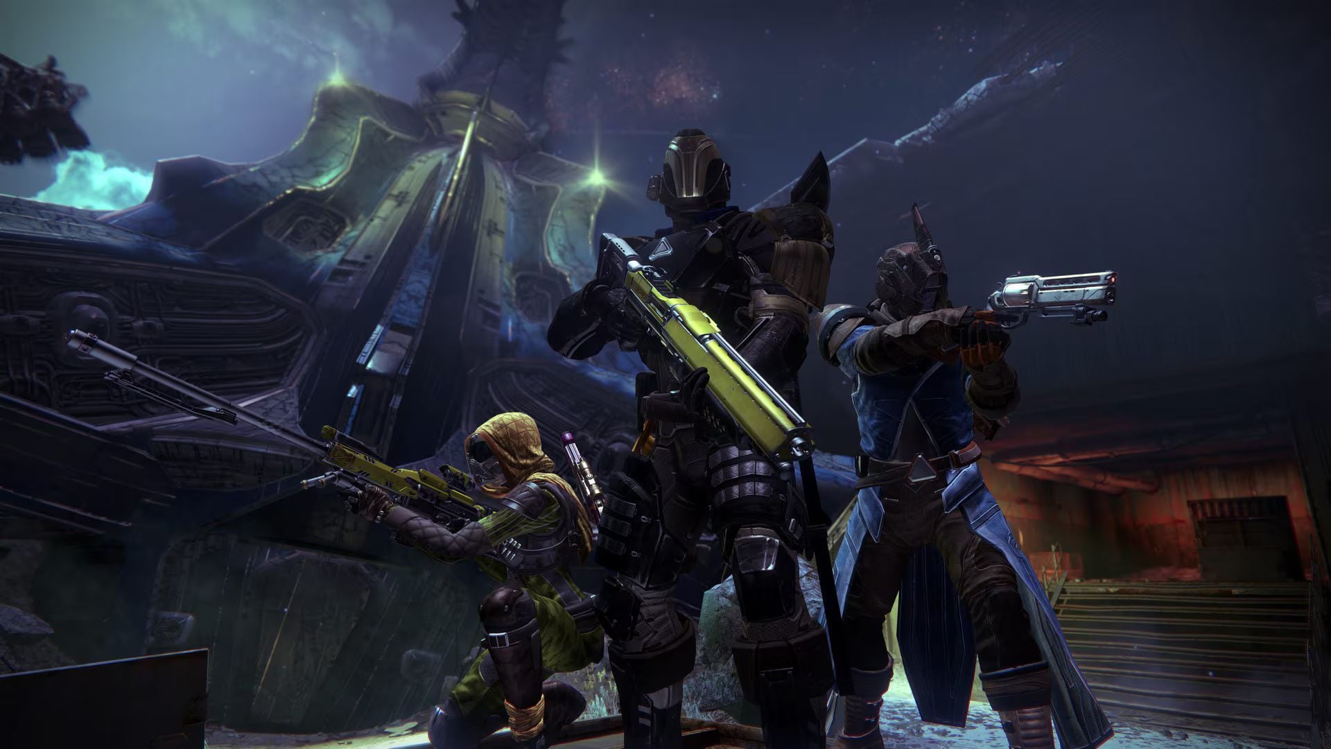 Arte oficial de Destiny com Guardiões observando o Viajante