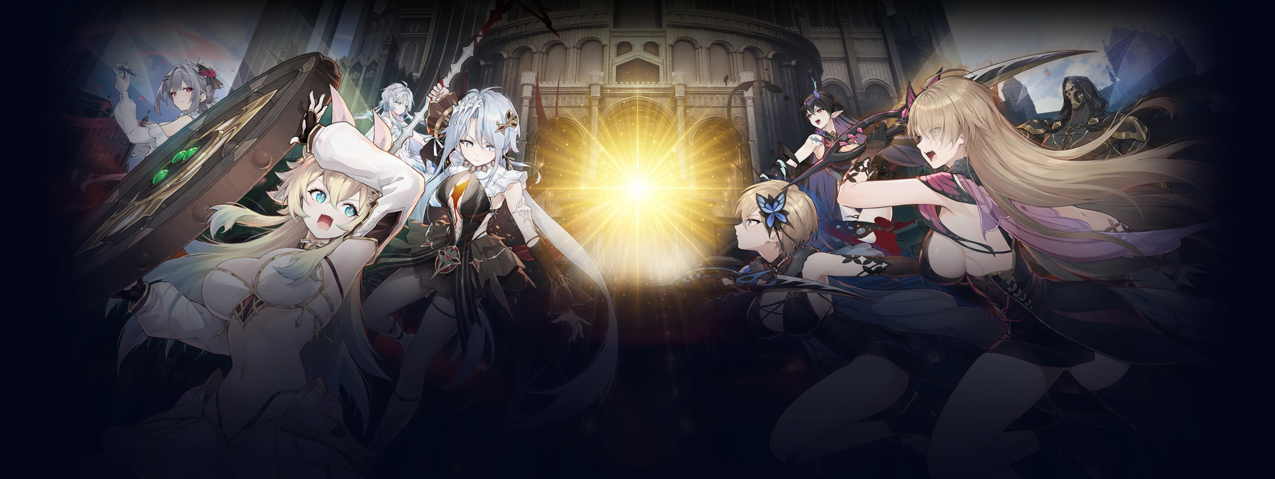 Arte oficial do E7WC 2026 com os heróis de Epic Seven diante de um portal dourado