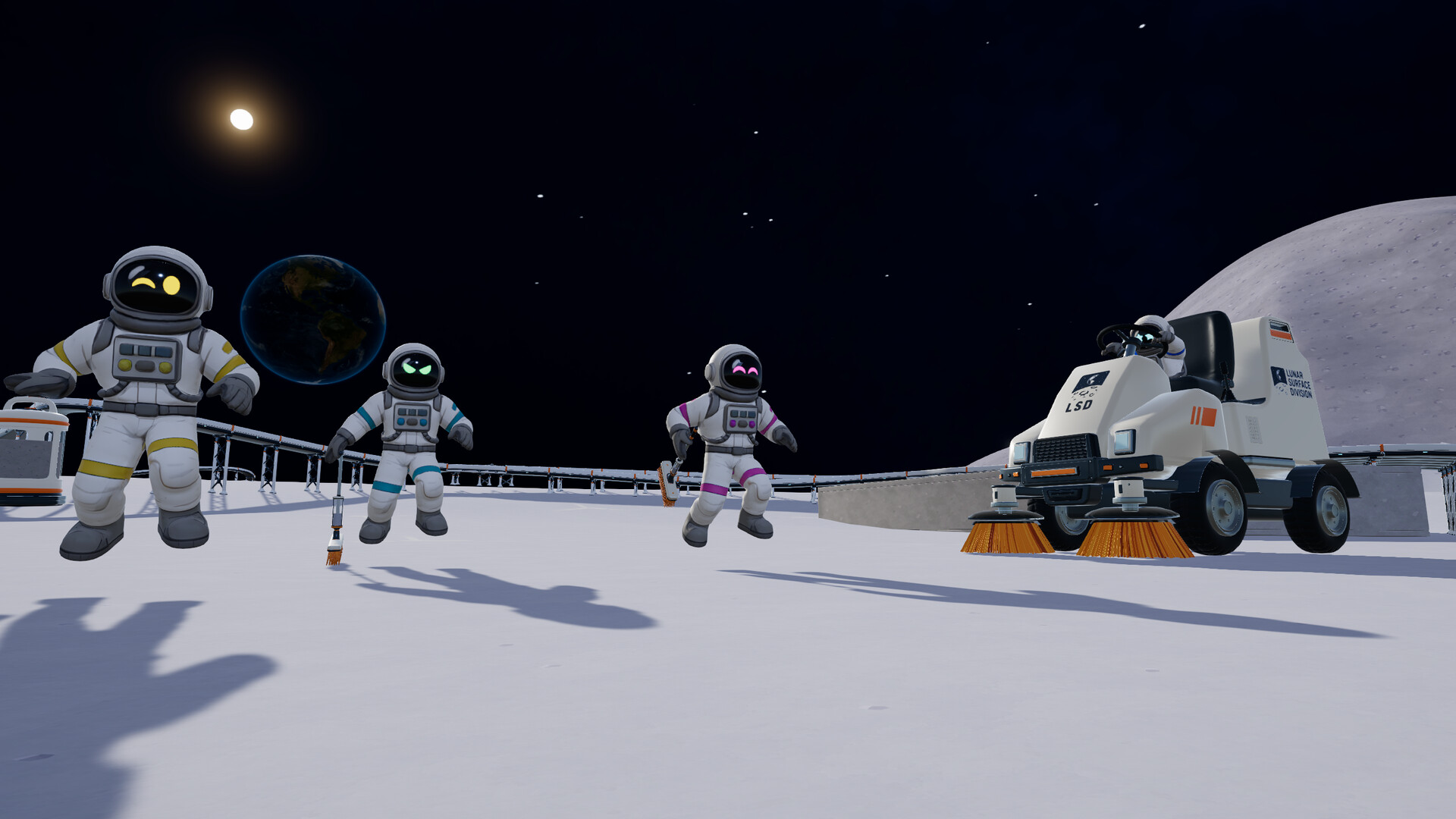 Jugador utilizando herramientas de limpieza para juntar polvo lunar en Moon Sweepers