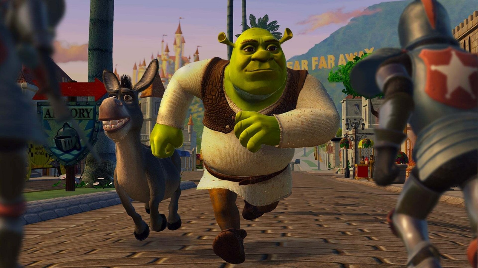 Official Shrek 2 Remastered screenshot showing Shrek and Donkey with the updated visuals of the Aspyr remaster