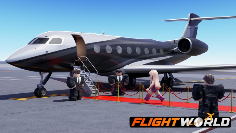 Business jet parked on a runway with a red carpet and characters in suits around it, in an official image of Flight World on Roblox