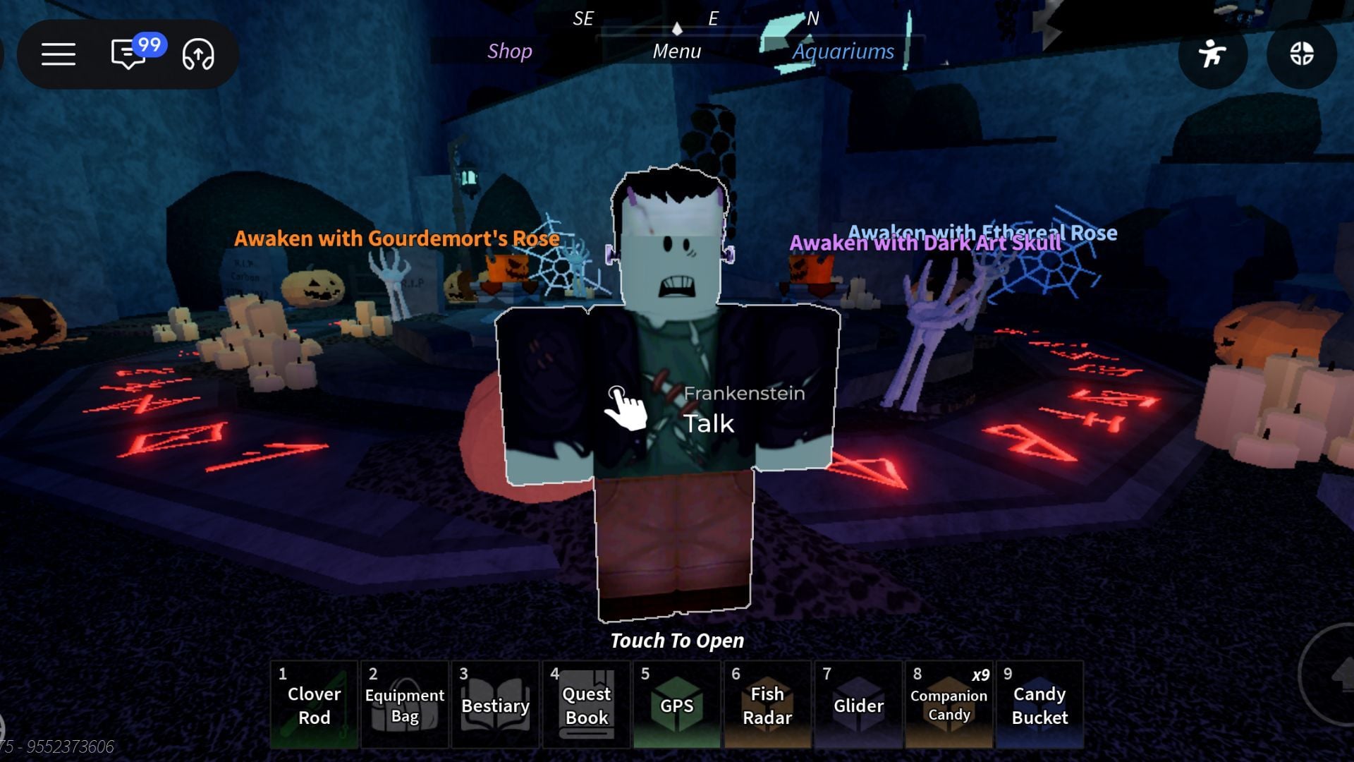 NPC Frankenstein no Fisch, com a opção de conversar e os rituais de despertar ao fundo