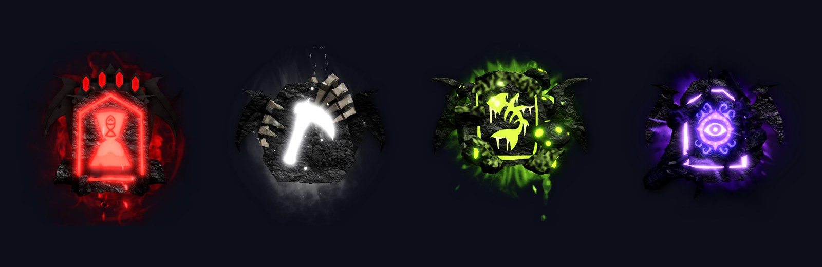 Ícones das relíquias Doomed, Grim, Vile e Eldritch do evento FischFright 3, em vermelho, branco, verde e roxo