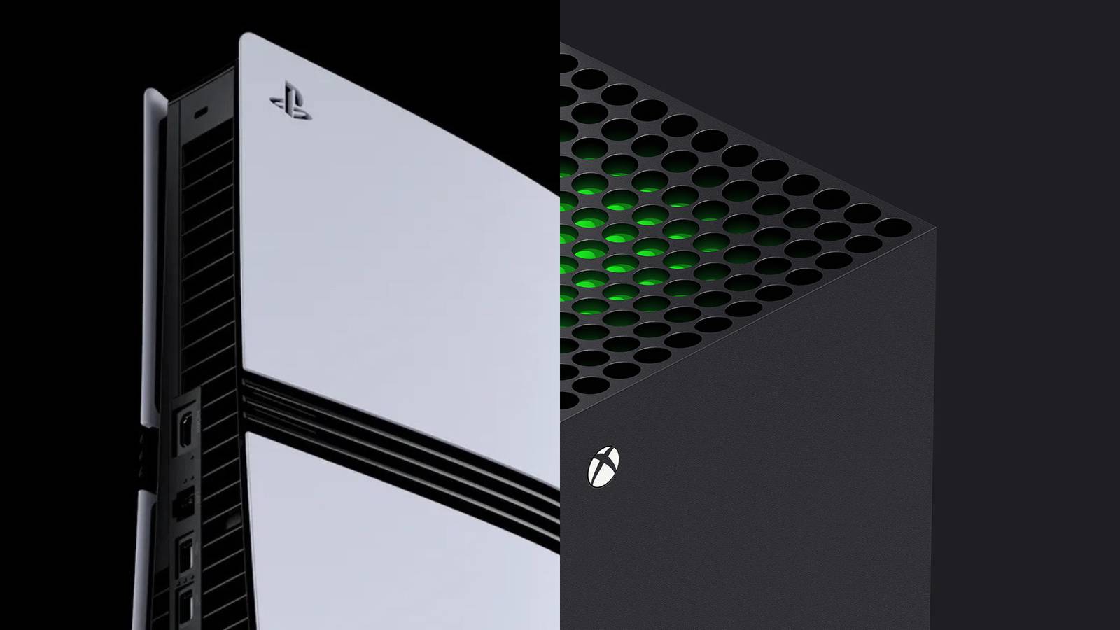 Closeup details of the PlayStation 5 Pro and Xbox Series X consoles
