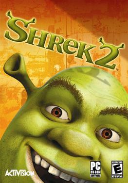 Capa norte-americana do jogo Shrek 2 lançado em 2004 para GameCube, com Shrek e Fiona na ilustração