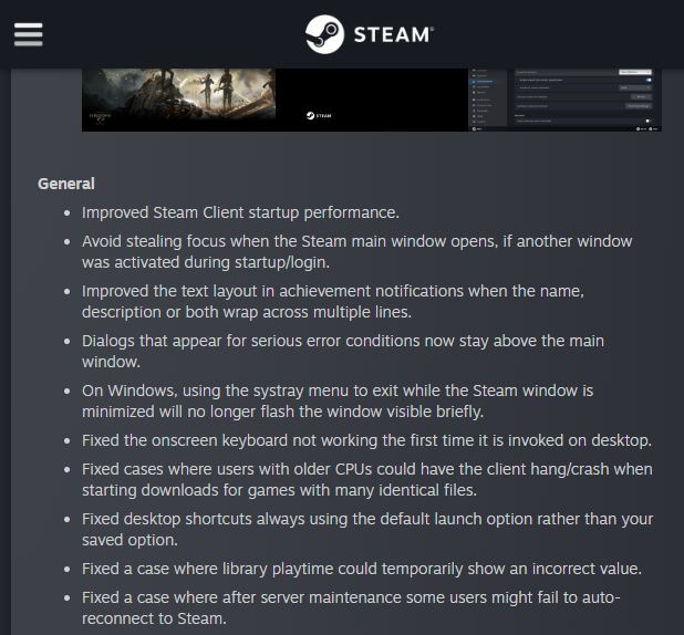 Captura de las notas de versión oficiales del Steam Client Update del 13 de octubre de 2026, con la primera línea de la sección General: mejora en el rendimiento de inicio del cliente Steam