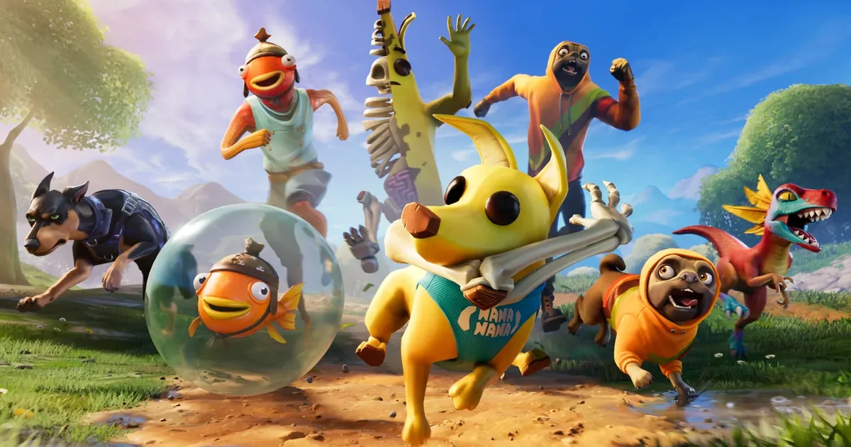 Personajes de Fortnite corriendo en arte oficial de Epic Games