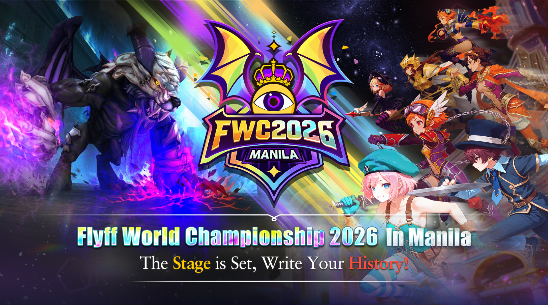 Arte oficial do Flyff Universe World Championship 2026 com personagens do MMORPG