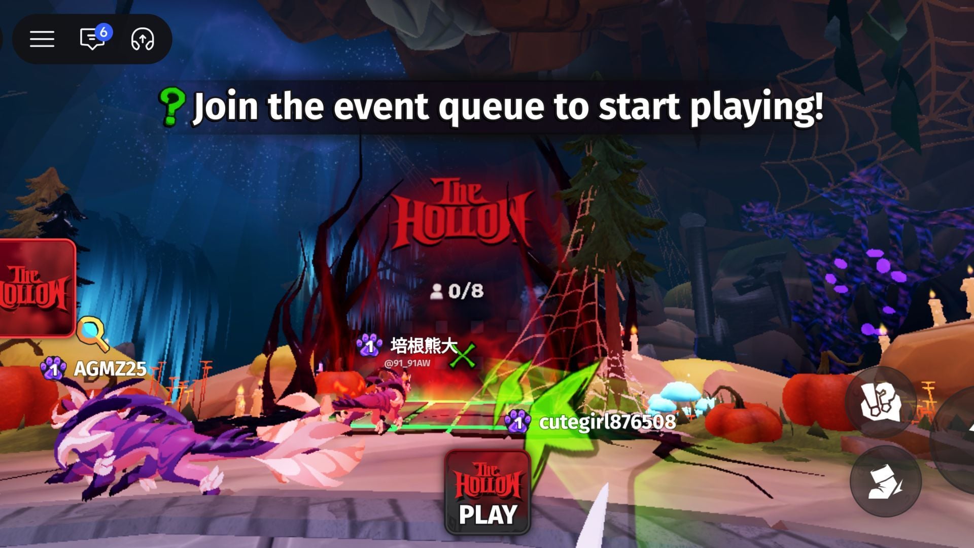 Portal del evento The Hollow e interfaz de salas en Warden de Roblox