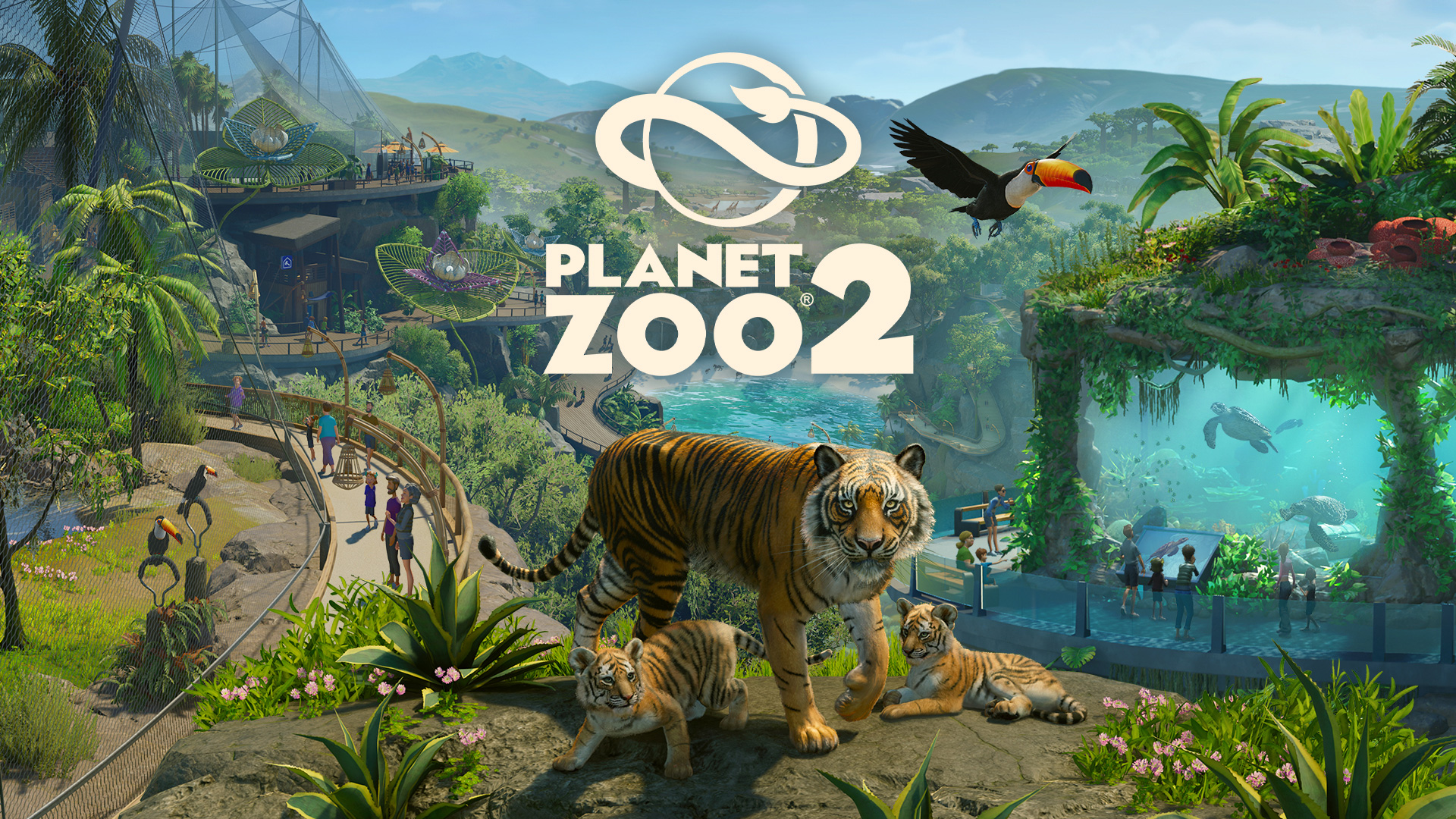 Arte oficial de Planet Zoo 2 com um tigre e dois filhotes em primeiro plano, aves voando e um aquário com tartaruga ao fundo