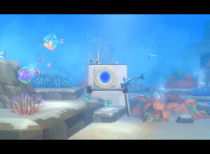 Criaturas marinhas e uma estrutura com portal em cenário subaquático do DLC de Dave the Diver com Subnautica 2.