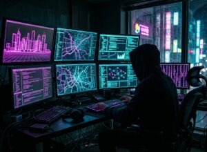 Cena cinematográfica de hacker anônimo diante de múltiplos monitores neon de espionagem digital