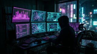 Cena cinematográfica de hacker anônimo diante de múltiplos monitores neon de espionagem digital