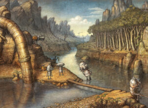 Robôs em um vale rochoso com rio, árvores e tubulações em cenário desenhado à mão de Machinarium 2.