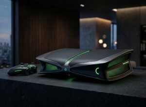 Hardware conceitual de console de videogame de última geração com detalhes em iluminação verde Xbox