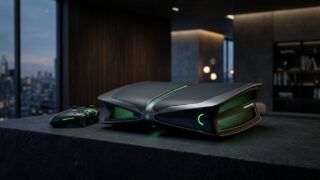 Hardware conceitual de console de videogame de última geração com detalhes em iluminação verde Xbox