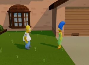 Homer e Marge diante da casa dos Simpsons em uma reconstrução de Hit & Run para navegador.