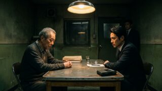 Cena cinematográfica de sala de interrogatório policial no Japão com detetive interrogando suspeito idoso